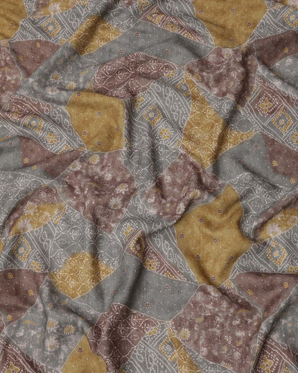 Multicolor cotton voile fabric with patchwork-inspired ethnic print in mustard, grey, and maroon tones, 110 Cms, India
-D23863