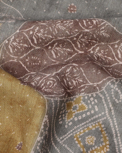 Multicolor cotton voile fabric with patchwork-inspired ethnic print in mustard, grey, and maroon tones, 110 Cms, India
-D23863