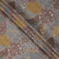 Multicolor cotton voile fabric with patchwork-inspired ethnic print in mustard, grey, and maroon tones, 110 Cms, India
-D23863