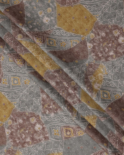 Multicolor cotton voile fabric with patchwork-inspired ethnic print in mustard, grey, and maroon tones, 110 Cms, India
-D23863