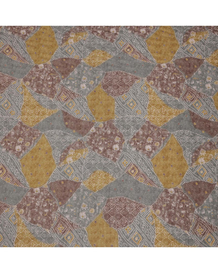 Multicolor cotton voile fabric with patchwork-inspired ethnic print in mustard, grey, and maroon tones, 110 Cms, India
-D23863