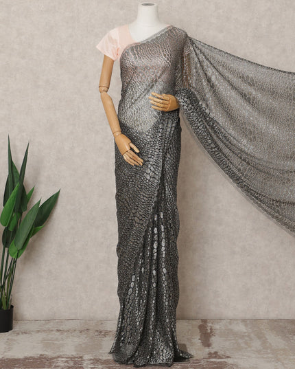 ساري شانتيلي معدني فاخر باللون الأسود الفحمي مع تطريز حجري، طوله 5.5 متر، عرضه 110 سم، صنع في فرنسا - D23864