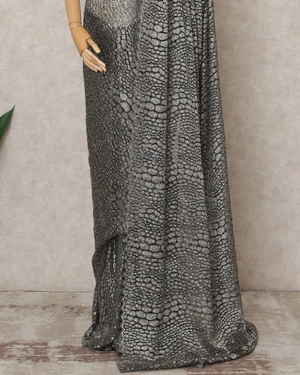 ساري شانتيلي معدني فاخر باللون الأسود الفحمي مع تطريز حجري، طوله 5.5 متر، عرضه 110 سم، صنع في فرنسا - D23864