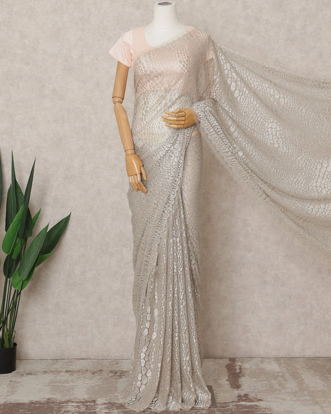 Ivory Beige Premium Metallic Chantilly Lace Saree with Stone Work, 5.5 Meters Length, 110 Cms Width, Made in France-D23865