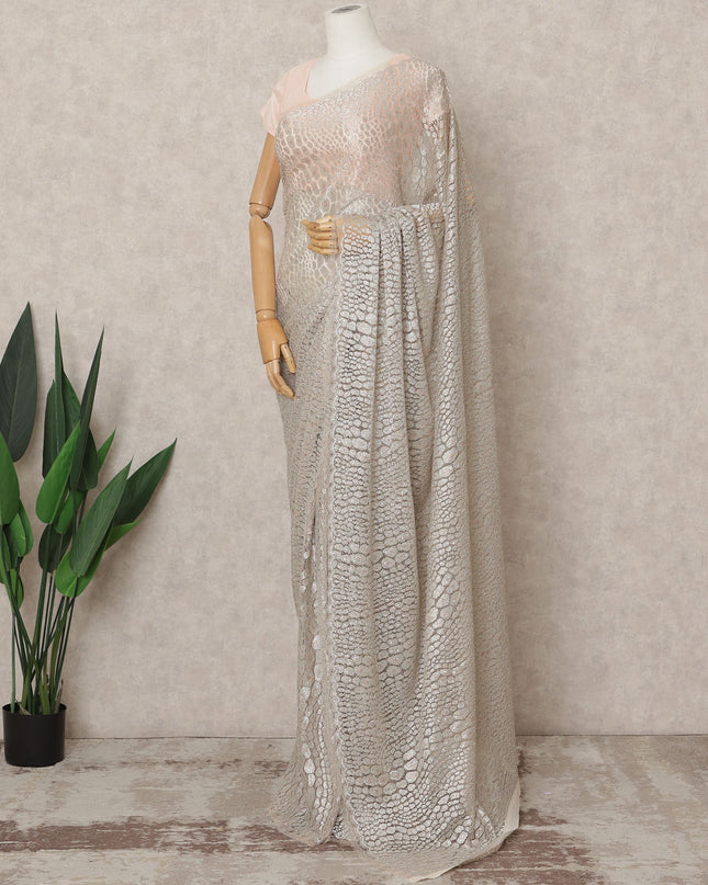 Ivory Beige Premium Metallic Chantilly Lace Saree with Stone Work, 5.5 Meters Length, 110 Cms Width, Made in France-D23865