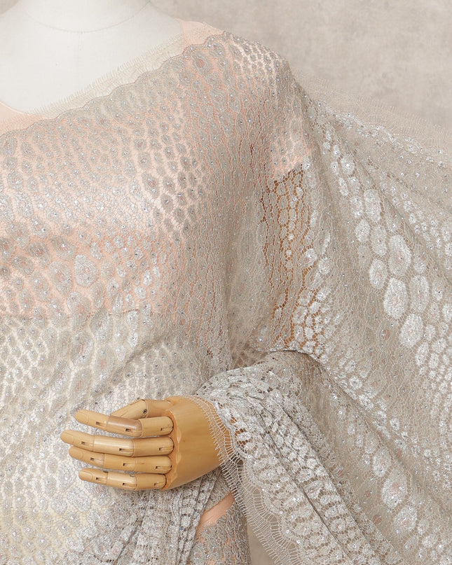 Ivory Beige Premium Metallic Chantilly Lace Saree with Stone Work, 5.5 Meters Length, 110 Cms Width, Made in France-D23865