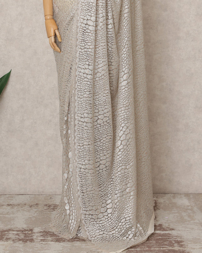 Ivory Beige Premium Metallic Chantilly Lace Saree with Stone Work, 5.5 Meters Length, 110 Cms Width, Made in France-D23865