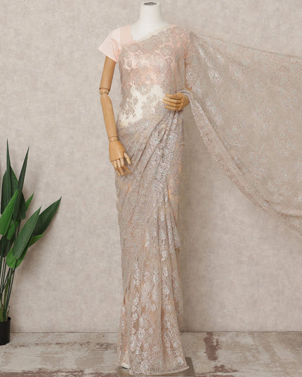 Champagne Gold Premium Metallic Chantilly Lace Saree with Stone Work, 5.5 Meters Length, 110 Cms Width, Made in France-D23866