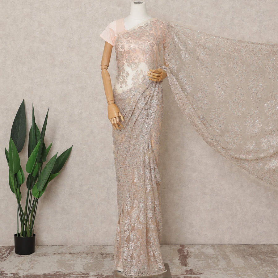 Champagne Gold Premium Metallic Chantilly Lace Saree with Stone Work, 5.5 Meters Length, 110 Cms Width, Made in France-D23866