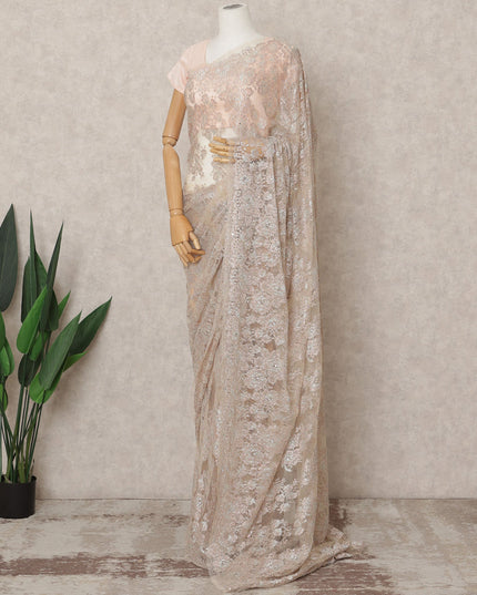 Champagne Gold Premium Metallic Chantilly Lace Saree with Stone Work, 5.5 Meters Length, 110 Cms Width, Made in France-D23866