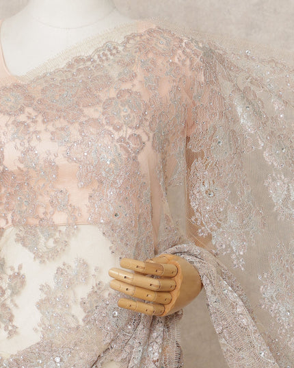 Champagne Gold Premium Metallic Chantilly Lace Saree with Stone Work, 5.5 Meters Length, 110 Cms Width, Made in France-D23866