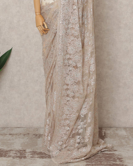 Champagne Gold Premium Metallic Chantilly Lace Saree with Stone Work, 5.5 Meters Length, 110 Cms Width, Made in France-D23866