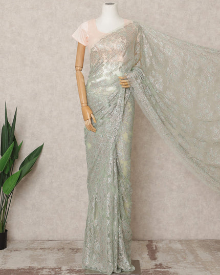 Mint Green Premium Metallic Chantilly Lace Saree with Stone Work, 5.5 Meters Length, 110 Cms Width, Made in France-D23867