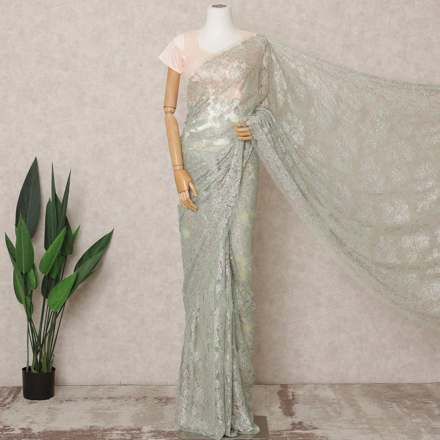 Mint Green Premium Metallic Chantilly Lace Saree with Stone Work, 5.5 Meters Length, 110 Cms Width, Made in France-D23867