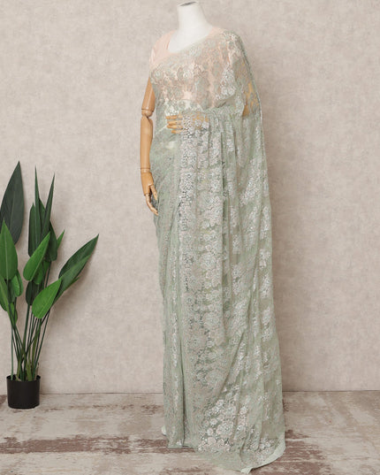 Mint Green Premium Metallic Chantilly Lace Saree with Stone Work, 5.5 Meters Length, 110 Cms Width, Made in France-D23867
