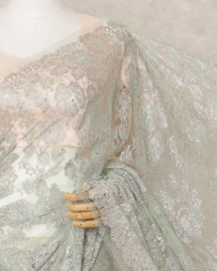 Mint Green Premium Metallic Chantilly Lace Saree with Stone Work, 5.5 Meters Length, 110 Cms Width, Made in France-D23867