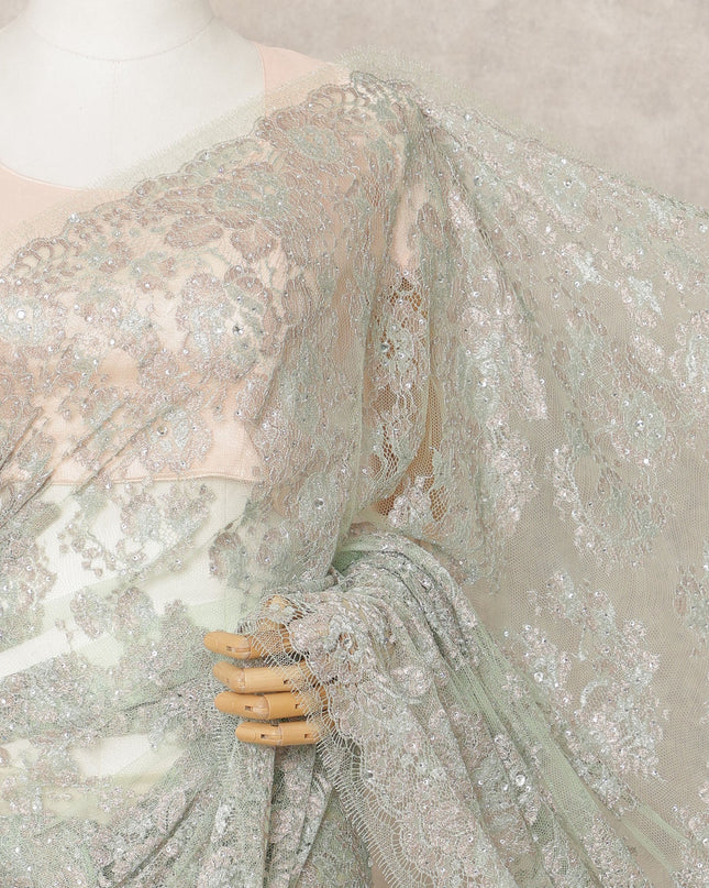 Mint Green Premium Metallic Chantilly Lace Saree with Stone Work, 5.5 Meters Length, 110 Cms Width, Made in France-D23867