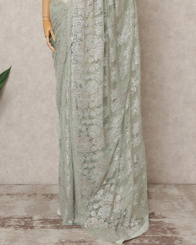 Mint Green Premium Metallic Chantilly Lace Saree with Stone Work, 5.5 Meters Length, 110 Cms Width, Made in France-D23867
