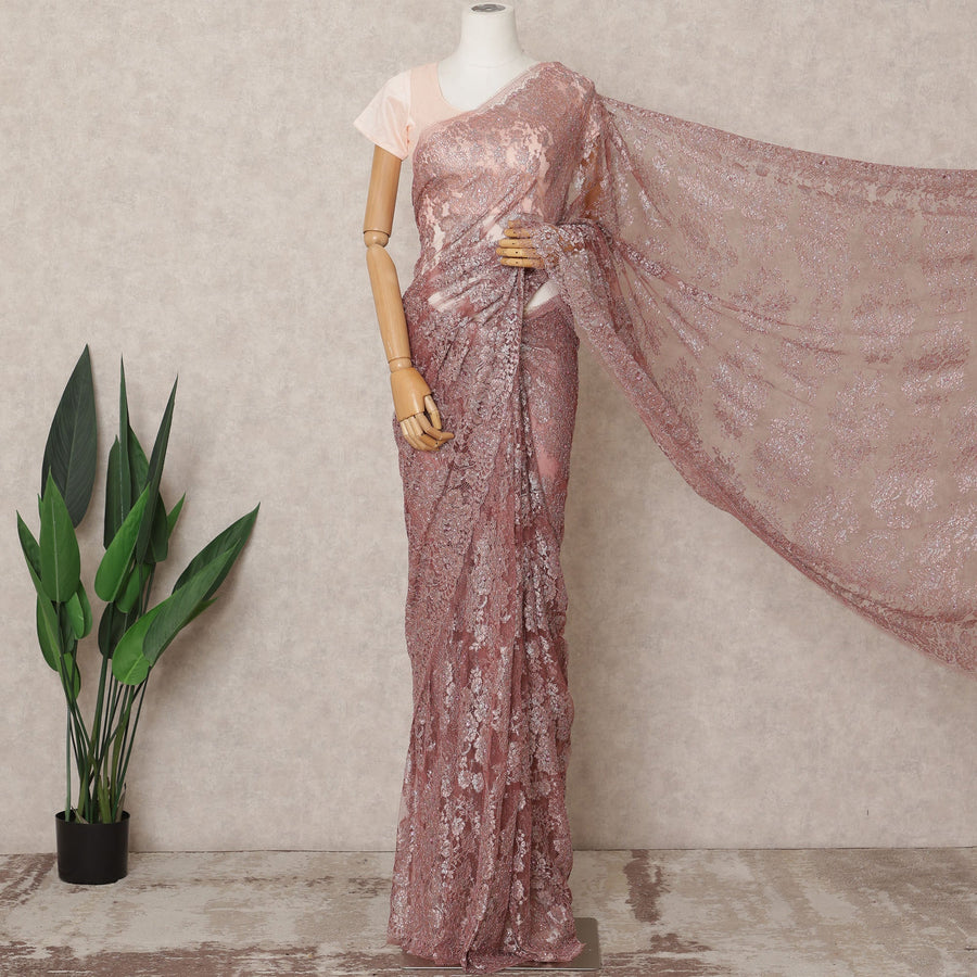 ساري داستي روز الفاخر من الدانتيل الشانتيلي المعدني مع تطريز حجري، بطول 5.5 متر، وعرض 110 سم، صنع في فرنسا - D23868