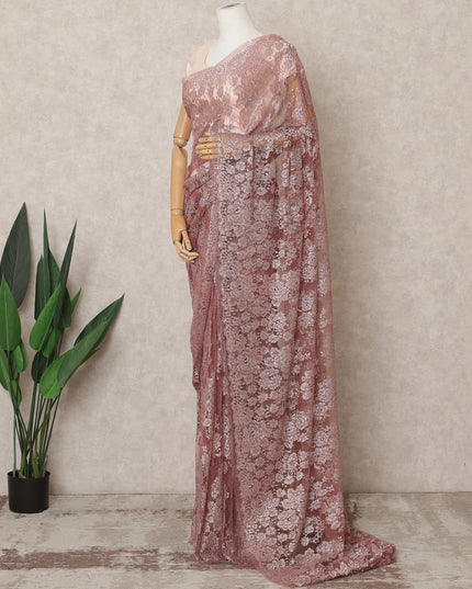 ساري داستي روز الفاخر من الدانتيل الشانتيلي المعدني مع تطريز حجري، بطول 5.5 متر، وعرض 110 سم، صنع في فرنسا - D23868