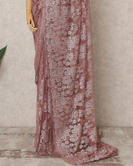 ساري داستي روز الفاخر من الدانتيل الشانتيلي المعدني مع تطريز حجري، بطول 5.5 متر، وعرض 110 سم، صنع في فرنسا - D23868