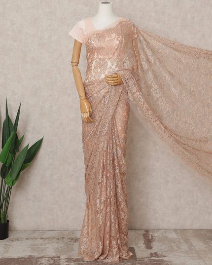 Peach Bronze Premium Metallic Chantilly Lace Saree with Stone Work, 5.5 Meters Length, 110 Cms Width, Made in France-D23869 Regal Fabrics
