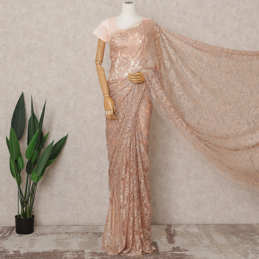 Peach Bronze Premium Metallic Chantilly Lace Saree with Stone Work, 5.5 Meters Length, 110 Cms Width, Made in France-D23869 Regal Fabrics