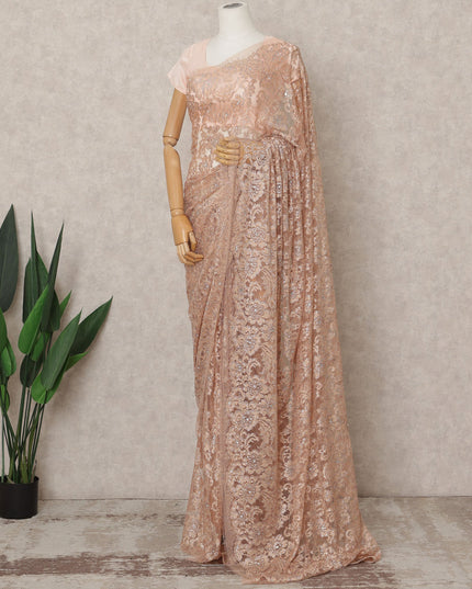Peach Bronze Premium Metallic Chantilly Lace Saree with Stone Work, 5.5 Meters Length, 110 Cms Width, Made in France-D23869 Regal Fabrics