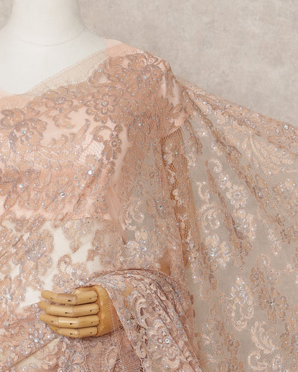 Peach Bronze Premium Metallic Chantilly Lace Saree with Stone Work, 5.5 Meters Length, 110 Cms Width, Made in France-D23869 Regal Fabrics