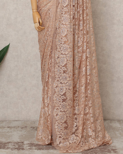 Peach Bronze Premium Metallic Chantilly Lace Saree with Stone Work, 5.5 Meters Length, 110 Cms Width, Made in France-D23869 Regal Fabrics