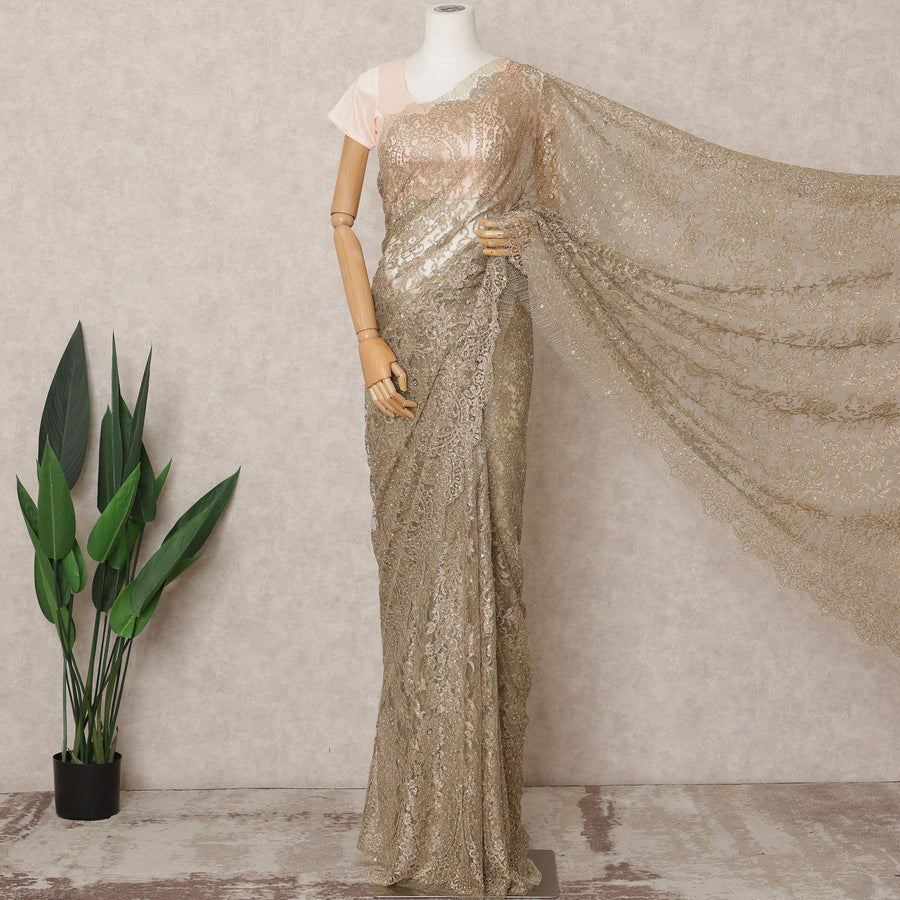 Antique Gold Premium Metallic Chantilly Lace Saree with Stone Work, 5.5 Meters Length, 110 Cms Width, Made in France-D23871