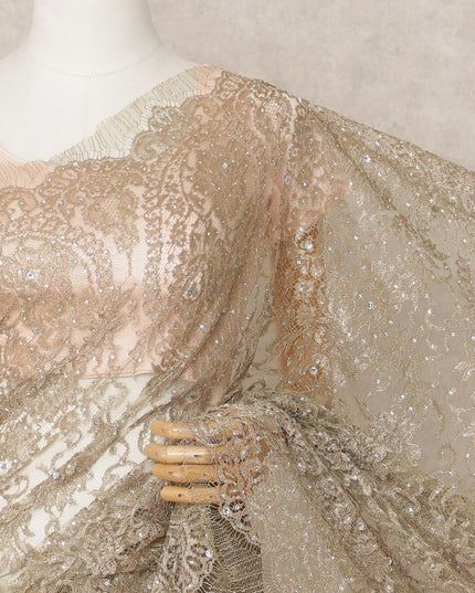 Antique Gold Premium Metallic Chantilly Lace Saree with Stone Work, 5.5 Meters Length, 110 Cms Width, Made in France-D23871
