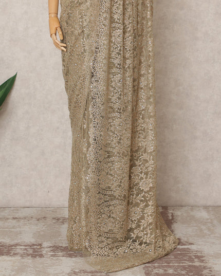 Antique Gold Premium Metallic Chantilly Lace Saree with Stone Work, 5.5 Meters Length, 110 Cms Width, Made in France-D23871