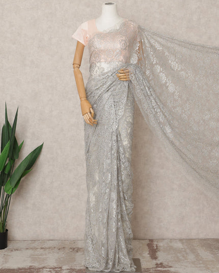 Silver Grey Premium Metallic Chantilly Lace Saree with Stone Work, 5.5 Meters Length, 110 Cms Width, Made in France-D23873 Regal Fabrics