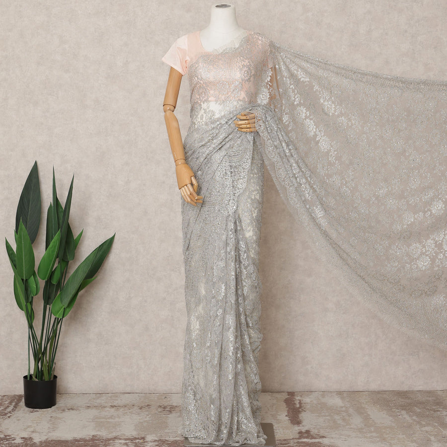 Silver Grey Premium Metallic Chantilly Lace Saree with Stone Work, 5.5 Meters Length, 110 Cms Width, Made in France-D23873 Regal Fabrics