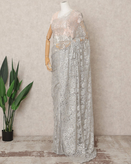 Silver Grey Premium Metallic Chantilly Lace Saree with Stone Work, 5.5 Meters Length, 110 Cms Width, Made in France-D23873 Regal Fabrics