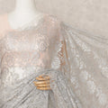 Silver Grey Premium Metallic Chantilly Lace Saree with Stone Work, 5.5 Meters Length, 110 Cms Width, Made in France-D23873 Regal Fabrics