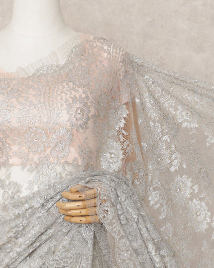 Silver Grey Premium Metallic Chantilly Lace Saree with Stone Work, 5.5 Meters Length, 110 Cms Width, Made in France-D23873 Regal Fabrics