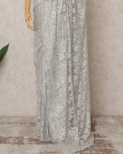 Silver Grey Premium Metallic Chantilly Lace Saree with Stone Work, 5.5 Meters Length, 110 Cms Width, Made in France-D23873 Regal Fabrics