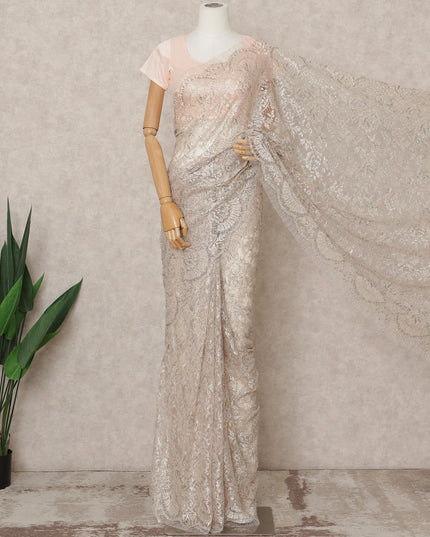 Light Pink Premium Metallic Chantilly Lace Saree with Stone Work, 5.5 Meters Length, 110 Cms Width, Made in France-D23874