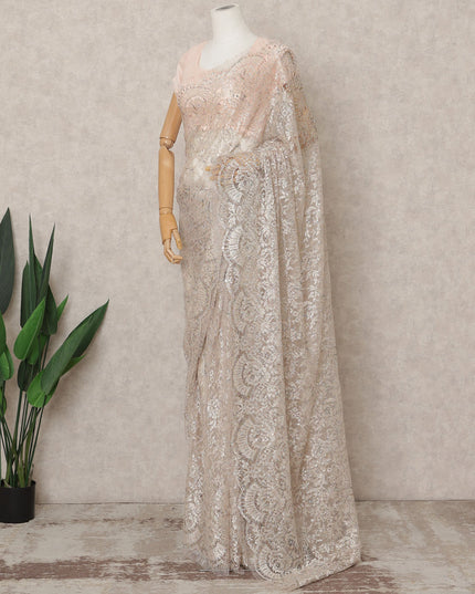 Light Pink Premium Metallic Chantilly Lace Saree with Stone Work, 5.5 Meters Length, 110 Cms Width, Made in France-D23874
