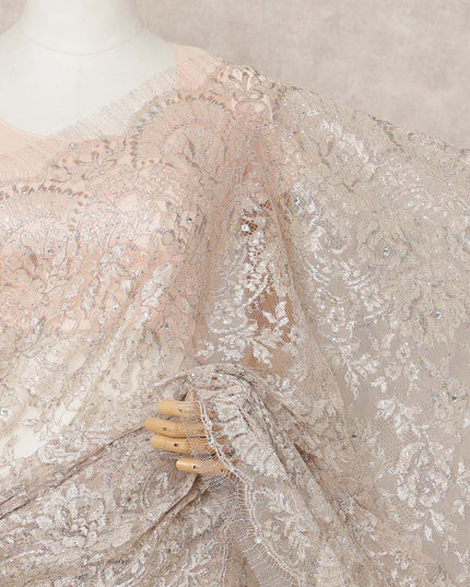 Light Pink Premium Metallic Chantilly Lace Saree with Stone Work, 5.5 Meters Length, 110 Cms Width, Made in France-D23874