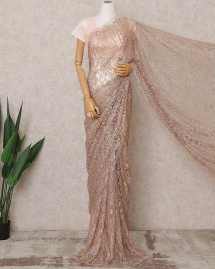 Rose Gold Premium Metallic Chantilly Lace Saree with Stone Work, 5.5 Meters Length, 110 Cms Width, Made in France-D23875