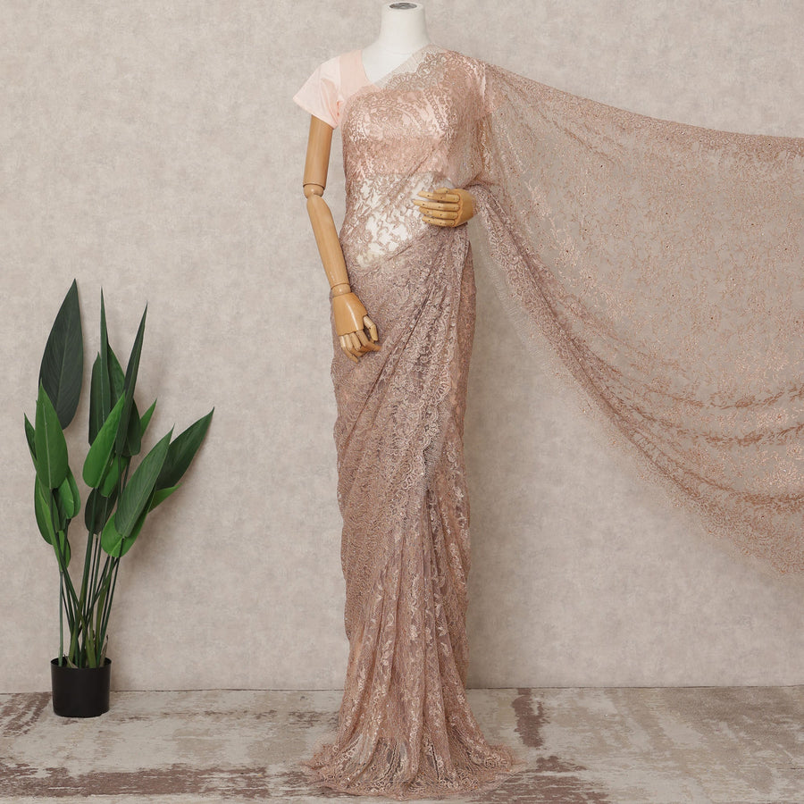 Rose Gold Premium Metallic Chantilly Lace Saree with Stone Work, 5.5 Meters Length, 110 Cms Width, Made in France-D23875