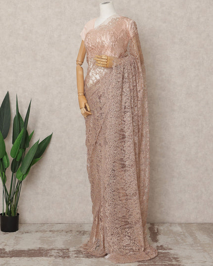 Rose Gold Premium Metallic Chantilly Lace Saree with Stone Work, 5.5 Meters Length, 110 Cms Width, Made in France-D23875