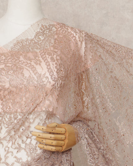 Rose Gold Premium Metallic Chantilly Lace Saree with Stone Work, 5.5 Meters Length, 110 Cms Width, Made in France-D23875