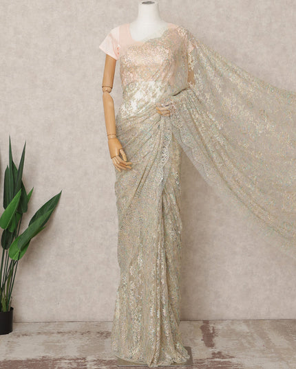 Iridescent Gold Premium Metallic Chantilly Lace Saree with Stone Work, 5.5 Meters Length, 110 Cms Width, Made in France-D23876 Regal Fabrics