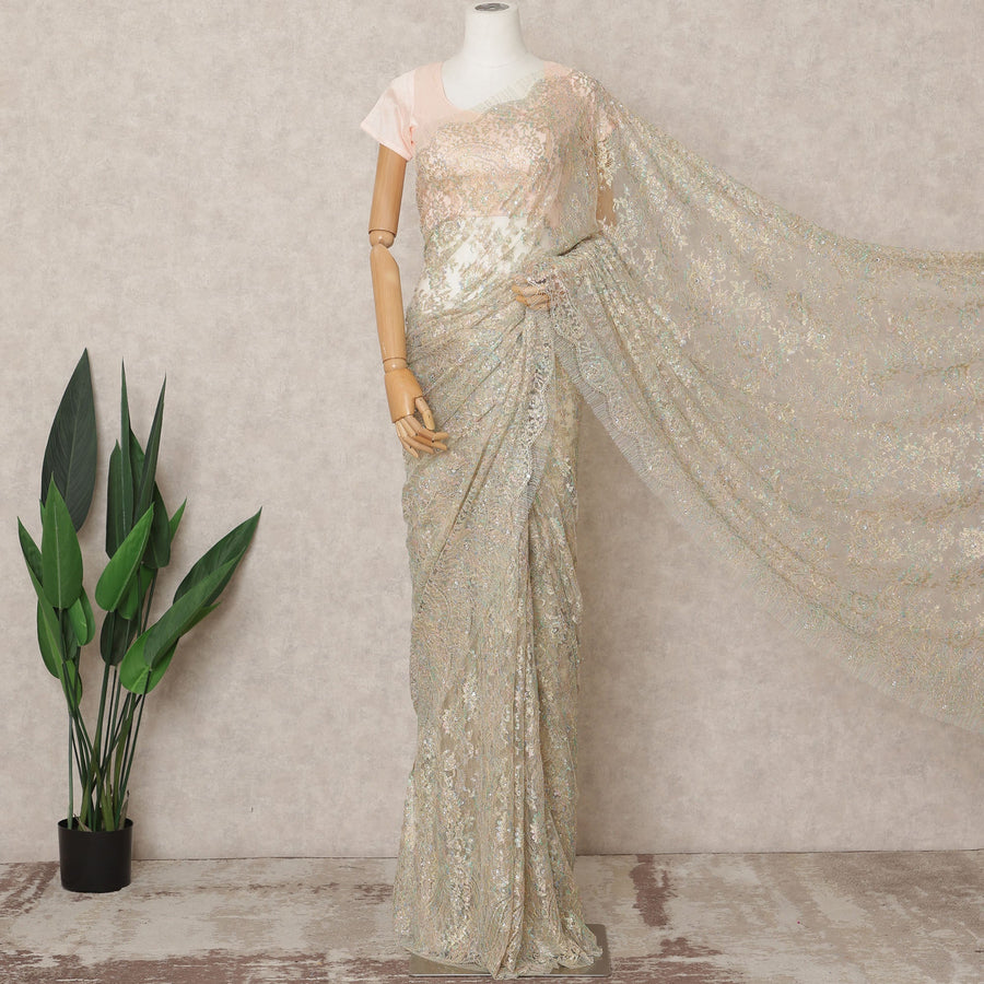 Iridescent Gold Premium Metallic Chantilly Lace Saree with Stone Work, 5.5 Meters Length, 110 Cms Width, Made in France-D23876 Regal Fabrics