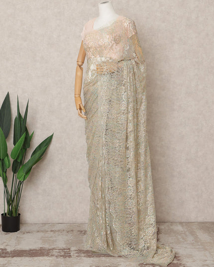 Iridescent Gold Premium Metallic Chantilly Lace Saree with Stone Work, 5.5 Meters Length, 110 Cms Width, Made in France-D23876 Regal Fabrics