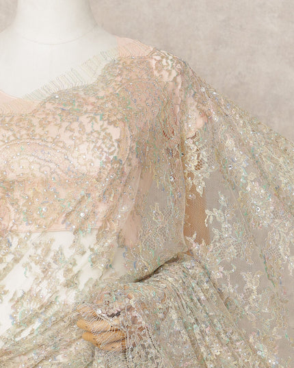 Iridescent Gold Premium Metallic Chantilly Lace Saree with Stone Work, 5.5 Meters Length, 110 Cms Width, Made in France-D23876 Regal Fabrics